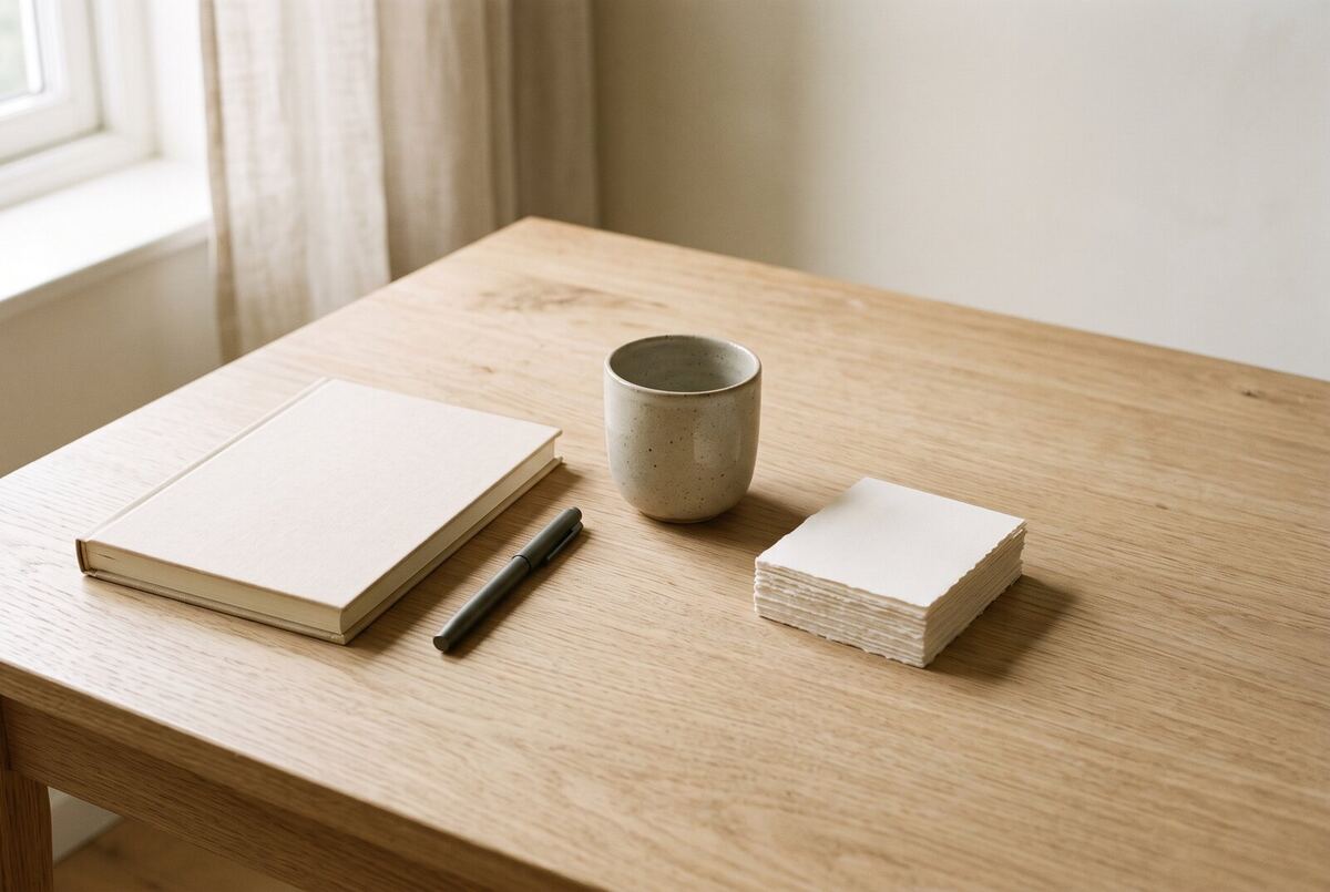 A closed notebook, a pen, a stoneware cup and a stack of paper on an oak table in soft window light