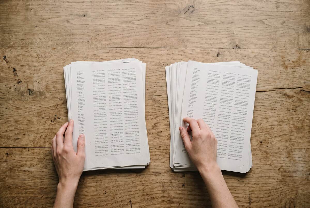 Two hands resting on two stacks of printed tables on a wooden table